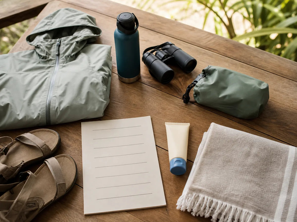 What to pack for Uvita: a light rain jacket, reusable bottle, dry bag, sandals, and sun protection